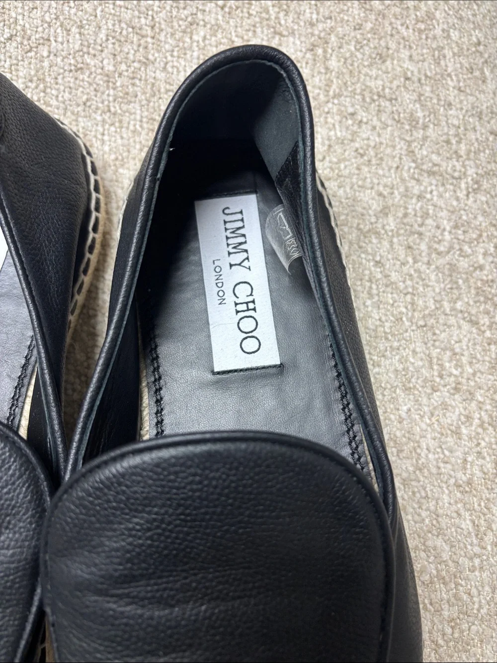 Jimmy Choo Black Leather Espadrille Loafers with Jute Trim